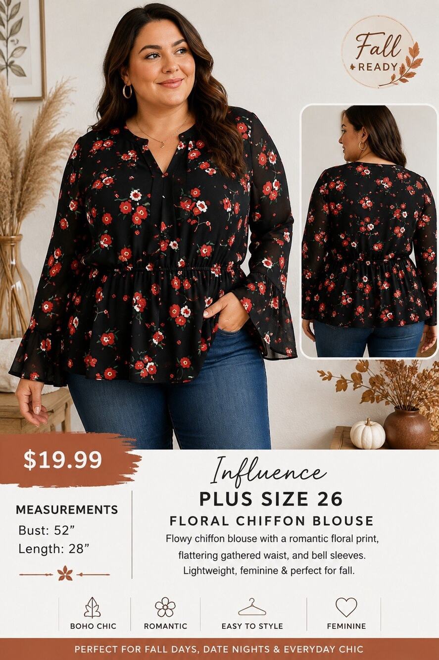 Influence Plus Sz 26 Black & Red Floral Chiffon Blouse Bell Sleeve Boho Fall Top